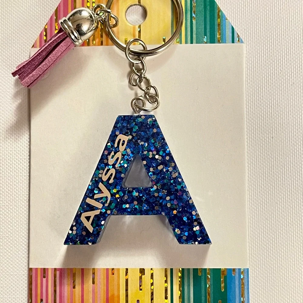 Alyssa, letter A, glitter resin keychain